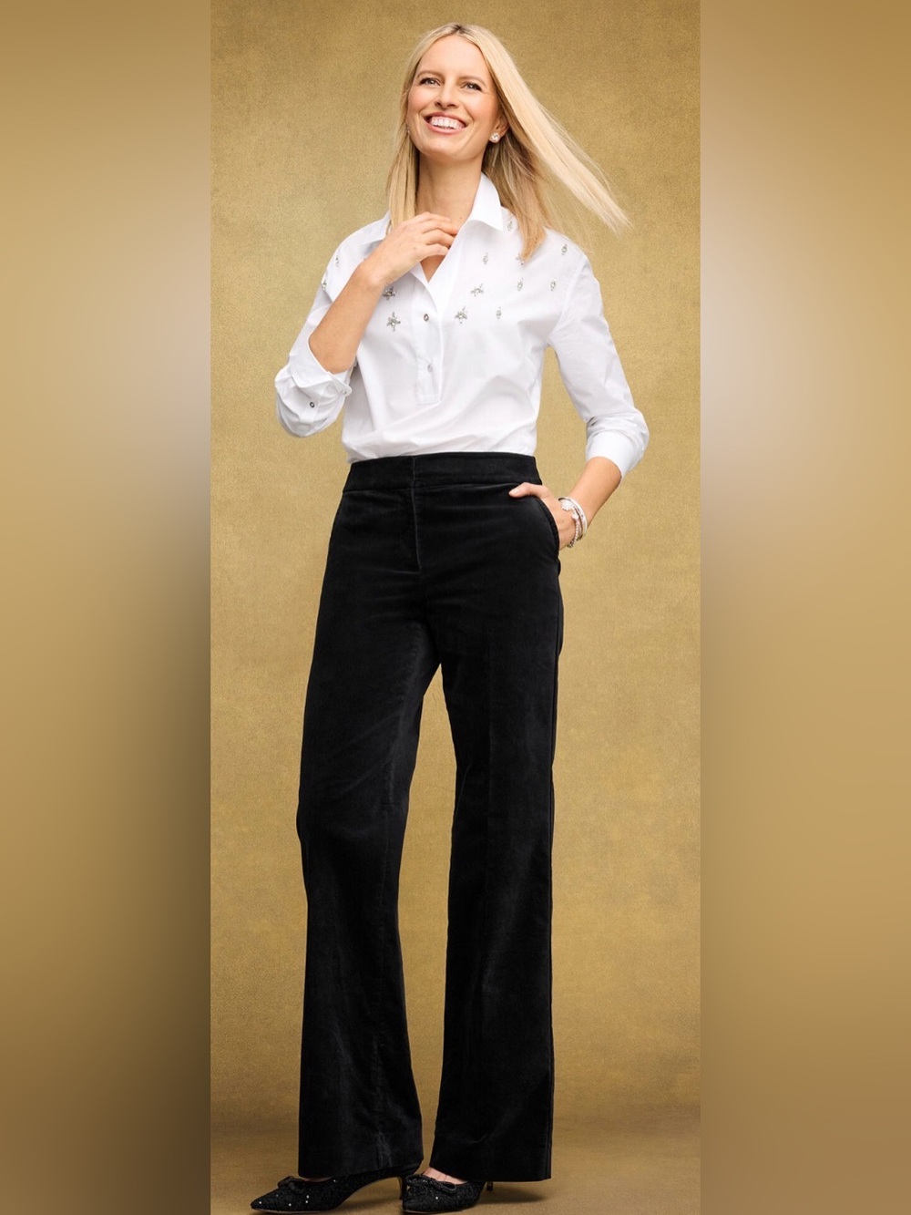 Talbots Black Velveteen Wide Leg Pants 14P Petite High Rise Trousers